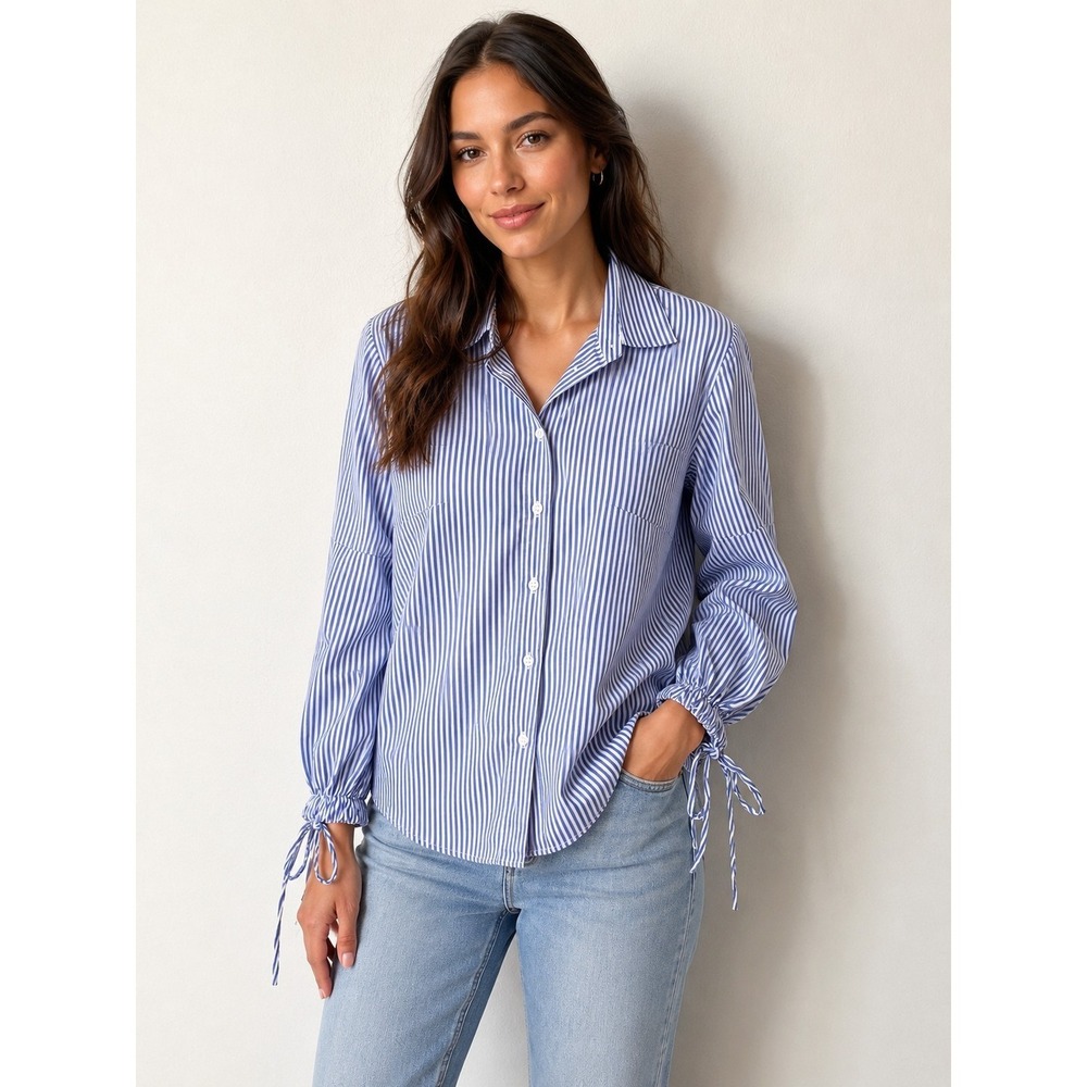 Banana Republic Women's‎ Blue & White Stripe Riley Shirt Size 14 Bow Cuff